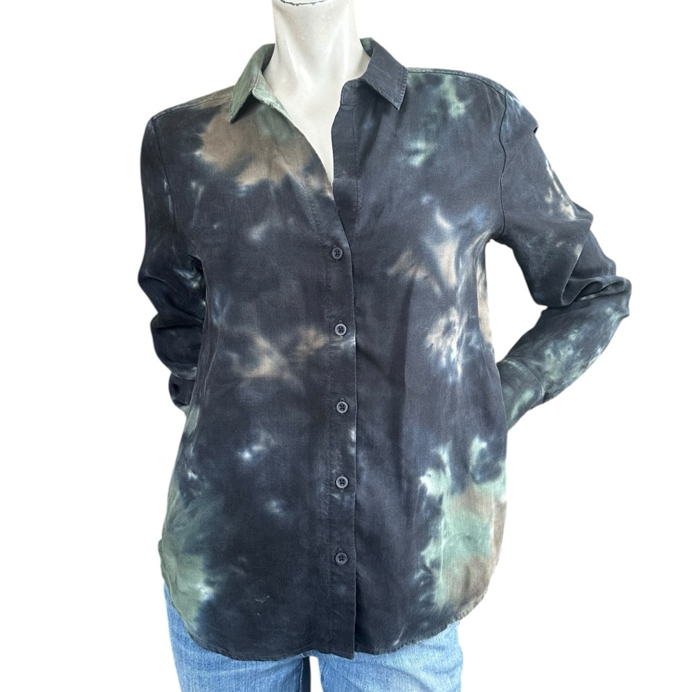 Anthropologie Cloth & Stone Green Black Tie Dye Oversized Button Down Shirt XS